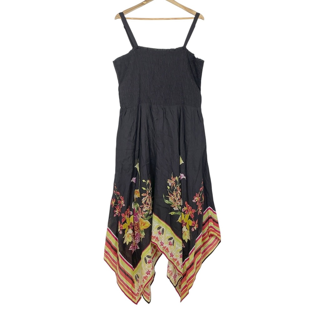 Soft Surroundings Black Floral Smocked‎ Handkerchief Hem Midi Dress Boho Size L